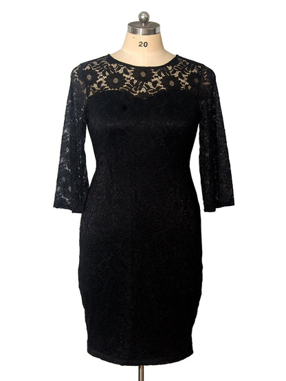 Plus Size Party Dresses for Wedding Guest Women's Fall Long Sleeve Lace Floral See Through Elegant Bodycon Dress Black