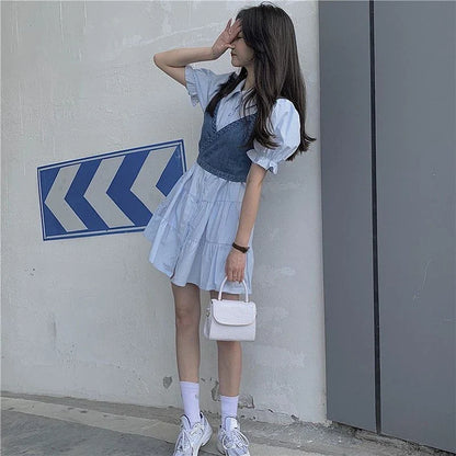 vmtvr 2024 Summer Women's Dress Sets Korean Fashion Elegant Chic Puff Sleeve Shirts Dress Denim Vest 2 Piece Sets New in Matching Sets