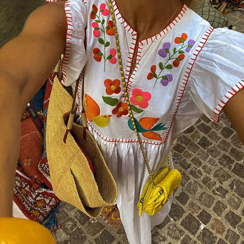 vmtvr 2024 Summer Vacation Print Long Dress Casual Flying Sleeves High Waist Beach Dress Fashion V-neck Pleats Loose Women's Dresses