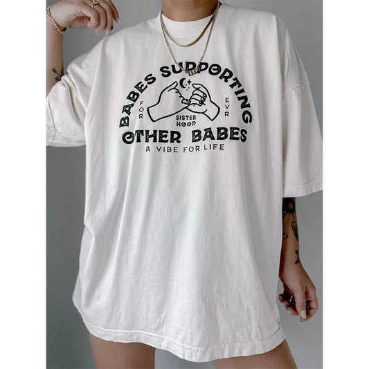 -Retro sports style outfit streetwear 90s fashion Babes Supporting Other Babes Graphic Oversized White T Shirts Women Short Sleeve Vintage Style Summer Cotton Casual Y2K Tees