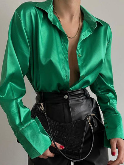 -Fall Outfits Long Sleeve Top Satin Shirts For Women High Street Fashion Solid Turn Down Collar Long Sleeve Tops  New Elegant Spring Office Ladies Shirt