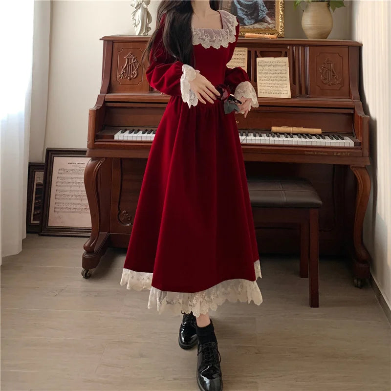 vmtvr  -  Christmas Dress Vintage Lace Splicing Gold Velvet Red Long Dress Elegant Thin Evening Dress Chic and Simple Autumn New