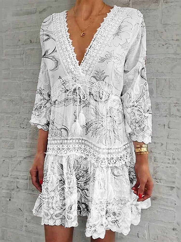 vmtvr Women Lace Round Neck Mini Dress Spring Summer Hollow Out Short Sleeve Patchwork Dress Loose Off Shoulder Beach Dress Vestidos