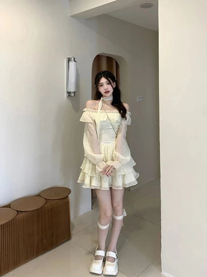 vmtvr Summer Elegant Ruffles Fairy Dress Women Casual Sweet Lolita Party Dress Long Sleeve One Piece Dress Korean Female Fashion