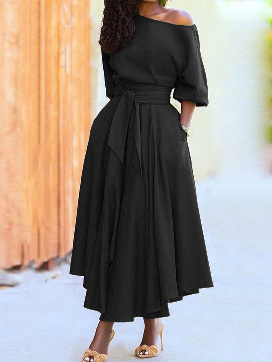 vmtvr - 2023 Spring Elegant Women's Long Formal Dress Black Lace Up Off Shoulder A-line Dresses Female New Occasion Evening Clothes Lady