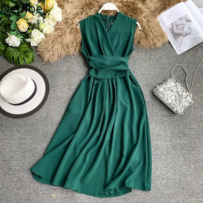 vmtvr  -  Sexy Dress Women Summer New Arival V-Neck Sleeveless Dresses French Chic  Cross Drawstring Slim Waist Vestidos