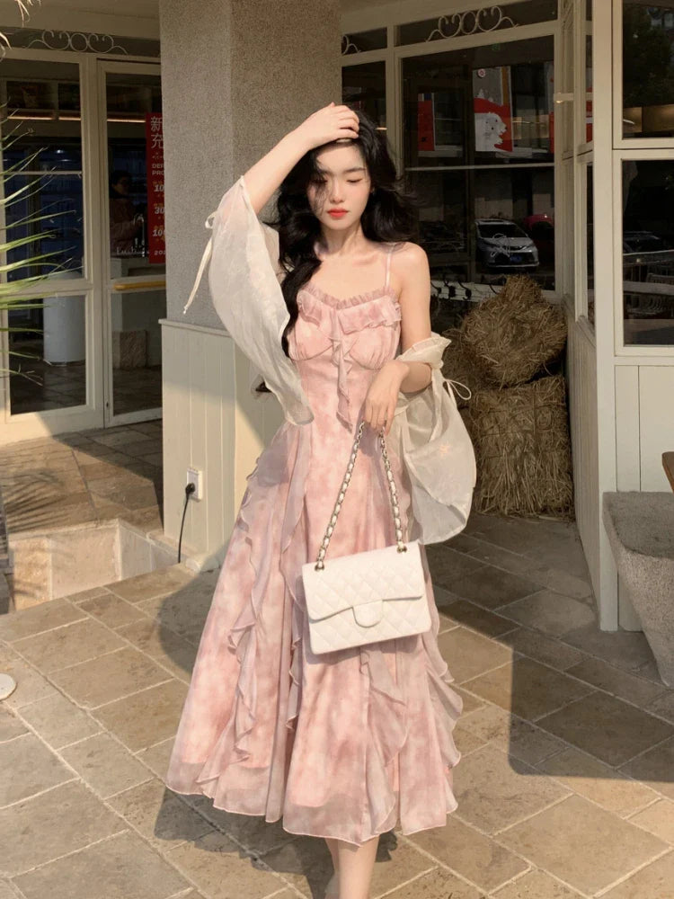 vmtvr Casual Fairy Floral Strap Dress Women Chiffon Elegant Evening Party Midi Dress Ruffle Sweet Korean Dress Women Sweet Summer