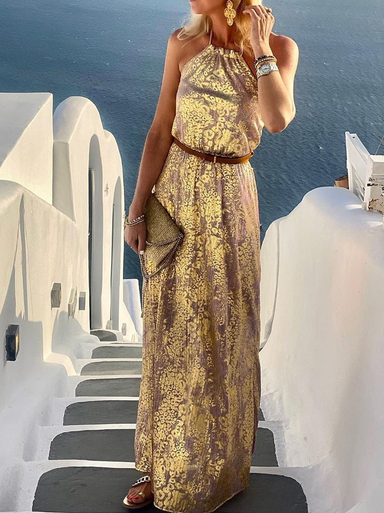 vmtvr - Beach Style Lady Casual Sleeveless Long Dress Streetwear Women Halter Backless Print Dress Loose Off Shoulder Summer Maxi Dress