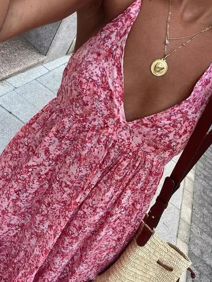 vmtvr  -  V-neck Women Sundress Backless Smocked Sexy Boho Dress Casual Beach Vestidos Maxi Long Fashion Pink Dress Holiday New