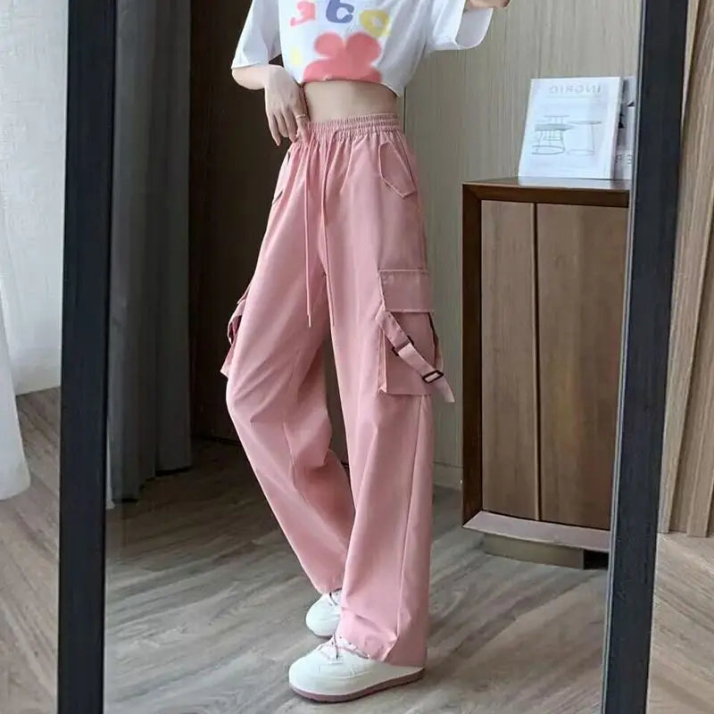 vmtvr Spicy Girls American Retro Casual Quick Drying Workwear Pants Women's Solid Summer High Waist Pocket Show Thin Straight Trousers