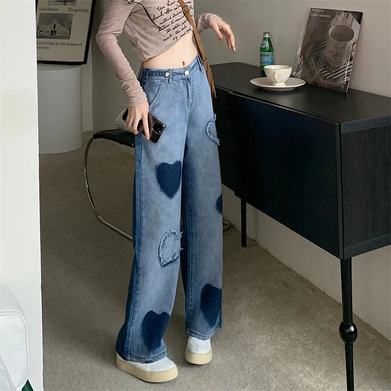 vmtvr High Waist Women Jeans Korean Fashion Love Print Loose Wide Leg Pants Summer Streetwear Female Straight Denim Trousers