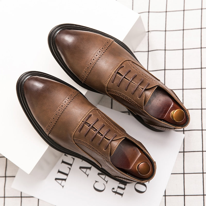 jiaabc New Men Dress Shoes Leather Shoes Fashion Derby Shoes Classic Casual Business Wedding Footwear Brown Italy Male Formal Shoe