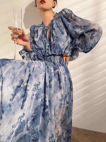 French Vintage Long Sleeve Fairy Dress Women Slim Fashion Floral Midi Dress Beach Casual Korean Style Dresses Female 2024 Summer