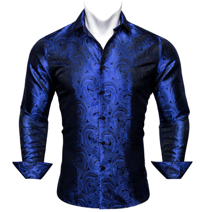 Luxury Red Paisley Silk Shirts Men Long Sleeve Casual Flower Shirts For Men Designer Fit Dress Shirt