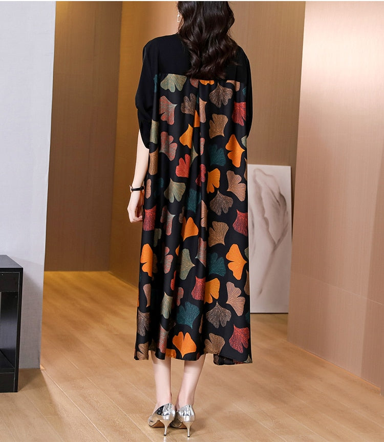 vmtvr - 2023 Summer Silk Printed Mulberry Silk Midi Dress Fall Retro Casual 5XL Plus Size Long Sleeve Dress Elegant Women Vestidos