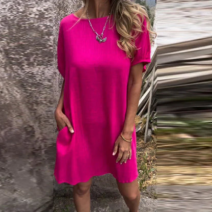 vmtvr Solid Color Loose Pocket Female Mini Dress 2024 Spring Round Neck Women Party Dress Summer Short Sleeve Boho Beach Dress Vestido