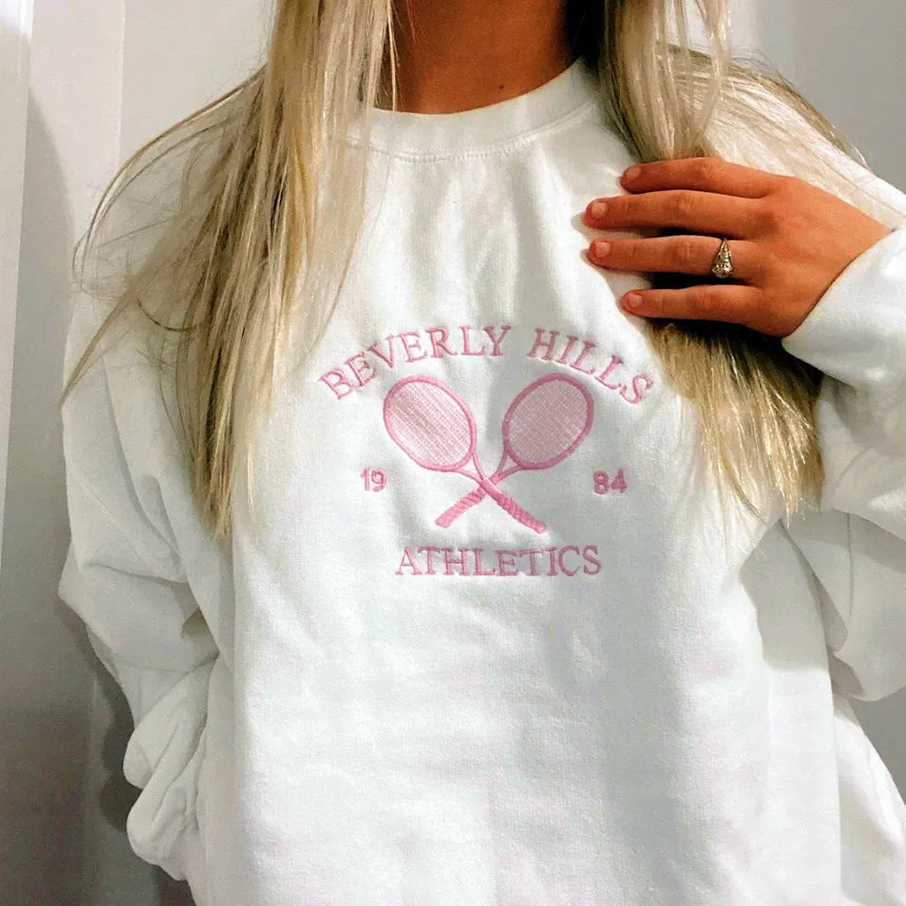 -Retro sports style outfit streetwear 90s fashion Women Spring Tennis Athletics 1984 Embroidered Vintage Style White Sweatshirts Loose Cotton No Fleece Ins Fashion Y2K Pullovers