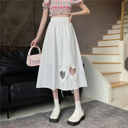 vmtvr Y2K Women Love Hollow Out Skirts Korean Streetwear Bow Black A Line Skirts Summer All Match Female High Waist Midi Skirts New