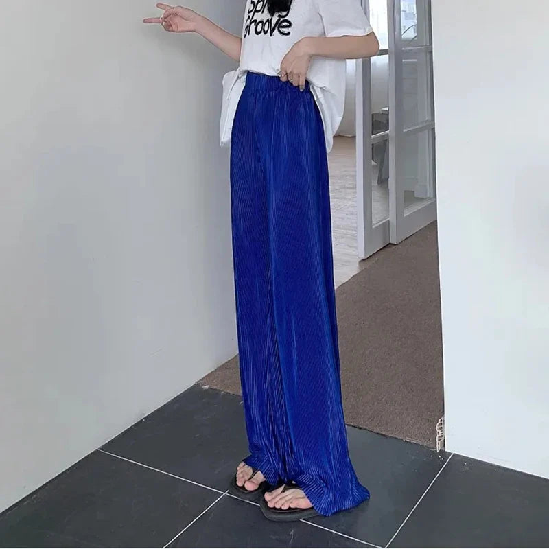 vmtvr Fashion Streetwear Women Harajuku Wide Leg Pants Summer Loose Thin Pleated Straight Trousers High Waist Elastic Y2k Pants