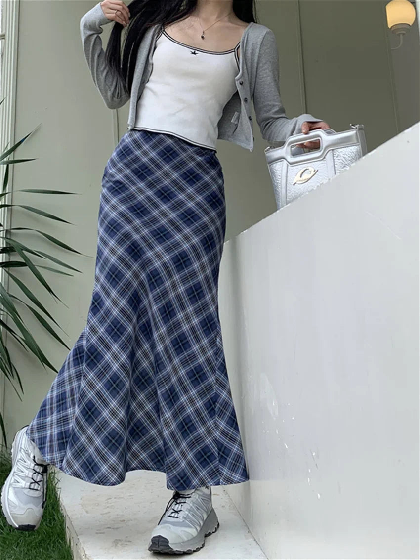 vmtvr Women Trumpets Summer Plaid Long Skirts Slim Chic High Waist Casual Office Lady Streetwear Vintage Mermaid OL