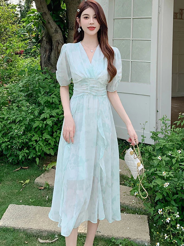 vmtvr 2024 Green Print Chiffon Casual Beach Long Dress Summert Fashion Chic Ruffled Party Vestidos Women Elegant Bodycon Evening Dress