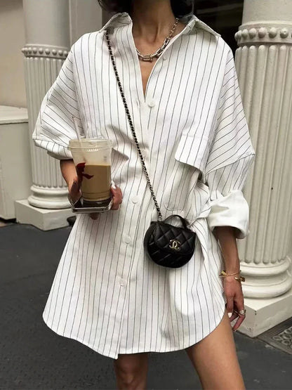 vmtvr  -  White Stripe Shirt Dress Women Autumn Spring Slit Casual Oversize Single Breasted Turn Down Collar Short Summer Dress