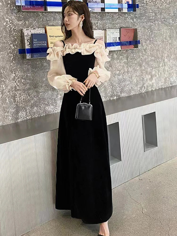 vmtvr  -  Women Red Velvet Luxury Dresses with Long Sleeves Autumn Winter Elegant Chic Wedding Dress Korean Vintage Festival Dresses