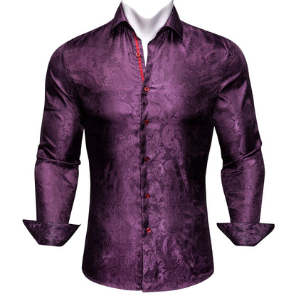 Luxury Red Paisley Silk Shirts Men Long Sleeve Casual Flower Shirts For Men Designer Fit Dress Shirt