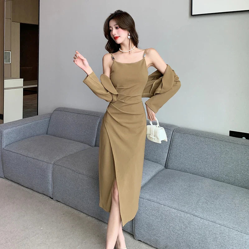 vmtvr New Vintage Solid Elegant Midi Dresses for Women with Long Sleeved Cardigan Autumn Fashion Party Birthday Dress Korean Style