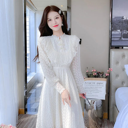 vmtvr Elegant Sweet Vintage Solid Lace Women Midi Dresses for New Autumn Fashion Long Sleeved Cute Party Birthday Fairy Dress