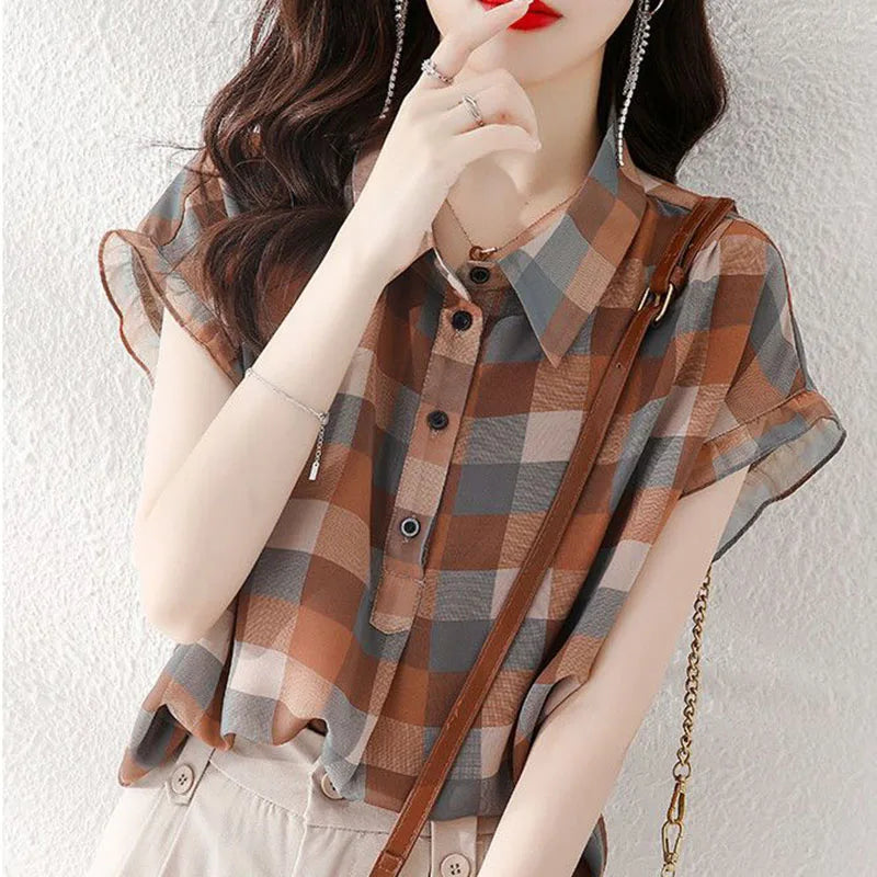 vmtvr Elegant Women Plaid Shirts Summer Korean Fashion Streetwear Female Loose Short Sleeve Tops Y2K All Match Casual Blouse