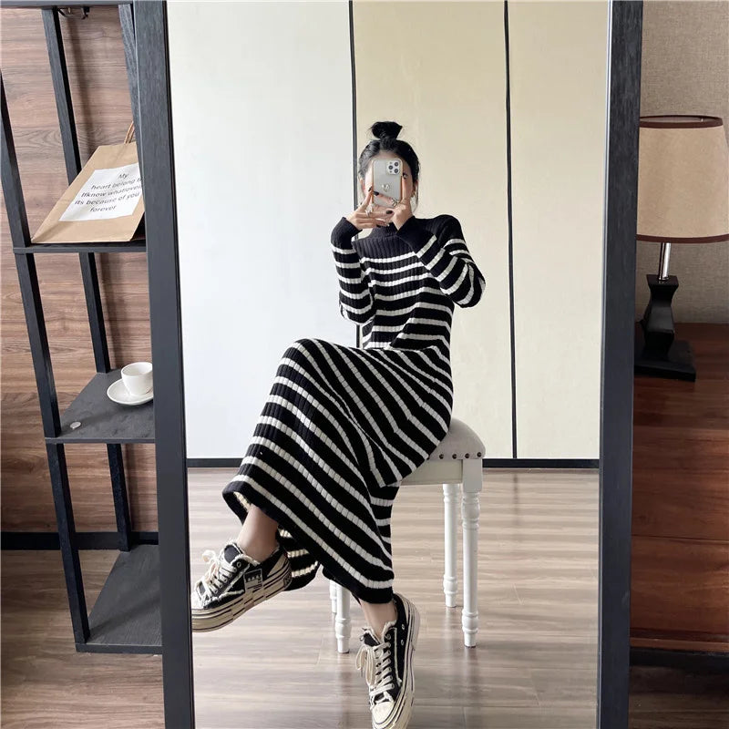 vmtvr Striped Knitted Robe Dresses Clothing For Women Autumn Winter Vintage Casual A Line Long Sleeve Maxi Sweater Dress Female