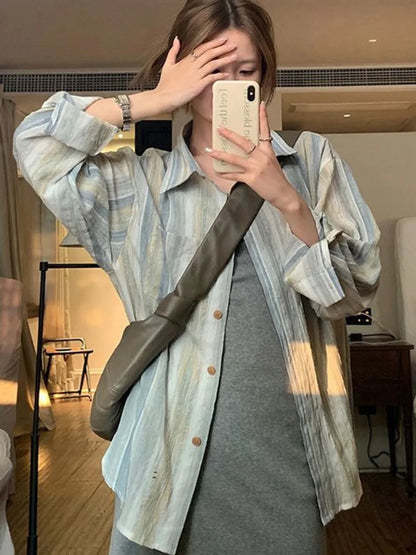 vmtvr Summer Striped Shirts Women Sun Protection Cardigan Top Vintage Ulzzang Chic Unisex Loose Fashion Streetwear Breathable Harajuku