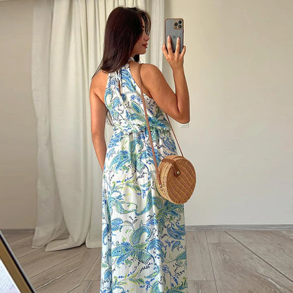 vmtvr Sexy Halter Elastic Waist Boho Long Dress Women Spring Pattern Print Side Slit Party Dress Summer Off Shoulder Hollow Maxi Dress