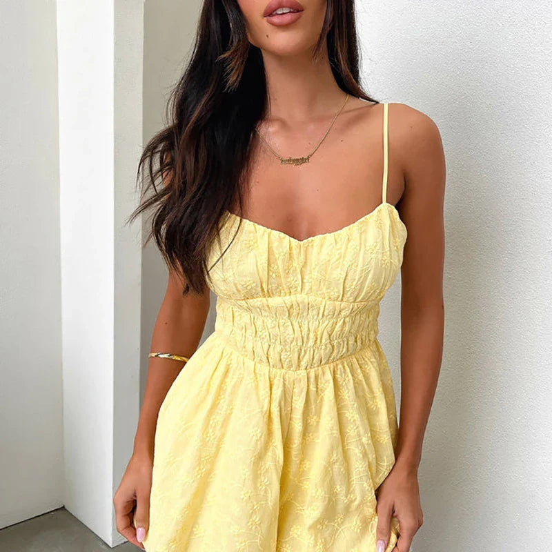 vmtvr Fashion Sleeveless Pleated Beach Romper Casual Jacquard High Waist Shorts Playusuit Summer Sexy Hollow Solid Suspender Jumpsuit