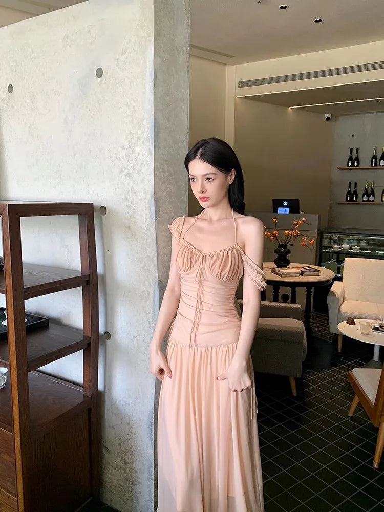 vmtvr  -  Summer Drawstring Pleats Mesh Long Dresses for Women New Elegant Fashion Evening Party Korean Pink Bodycon Female Clothing