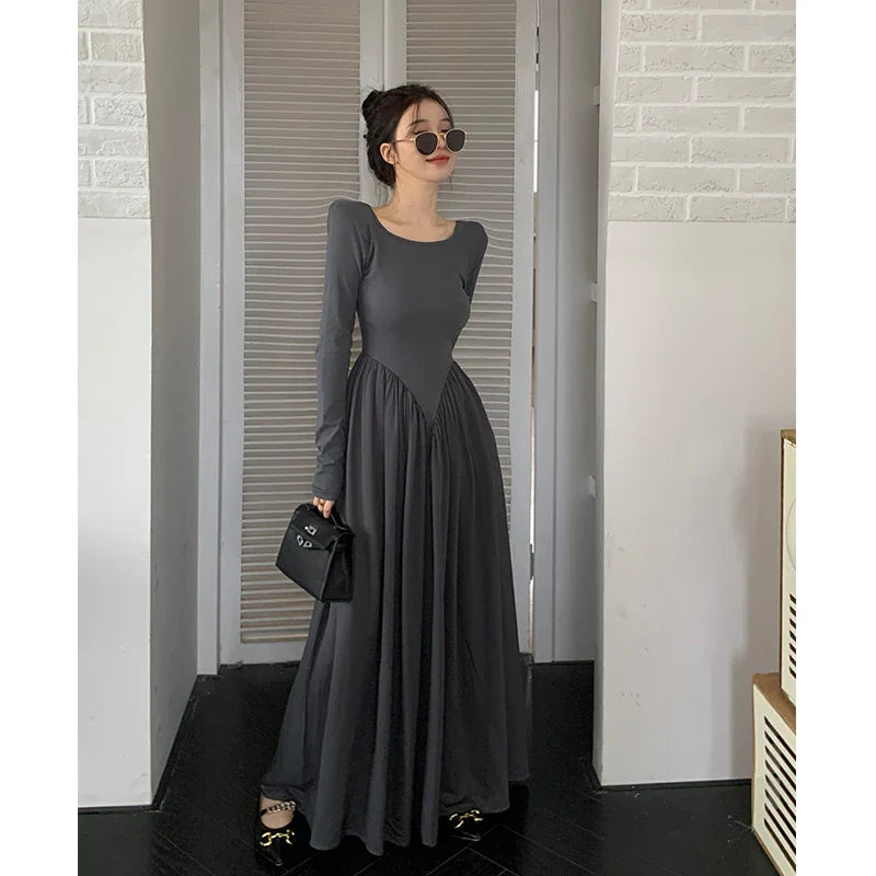 vmtvr Casual Long Dresses For Women Backless Long Sleeve O-Neck Autumn Spring Korean Fashion Solid A-Line Y2K Vestidos Mujer