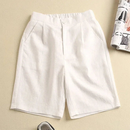 vmtvr Khaki Solid Casual Linen Cotton Elastic High Waist Wide Leg Button Loose Women's Shorts Korean Fashion Summer Shorts