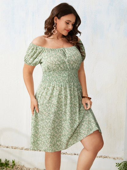 Plus Size 4XL Floral Print Dress for Women Off Shoulder Casual Elegant Midi Green Dresses 2023 Summer Autumn Loose Clothing