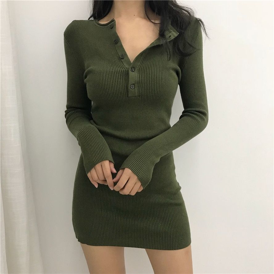 vmtvr - Black Sexy Female Knit Dress Winter Autumn Wrap Midi Green Bodycon 2023 Fashion Sweater Dresses Woman Vintage Korean Mini Short