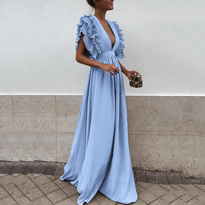 vmtvr Formal Party  Dress Women Deep V-Neck Long Dress Elegant Flying Sleeves Backless Maxi Evening Dresses Robe De Soiree