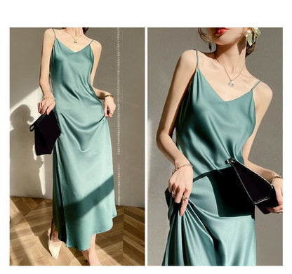 Vintage Satin Women&#39;s Dress Summer Sexy Spaghetti Strap Long Party Maxi Dresses Midi Robe Female Clothing