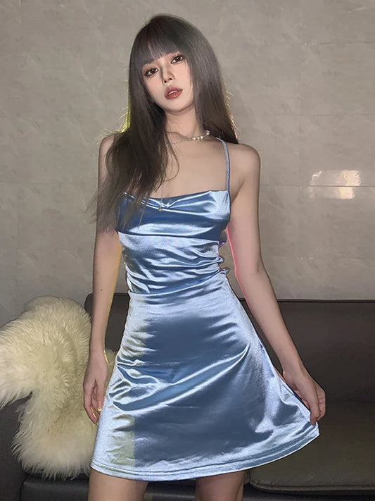 vmtvr Sexy Backless Women Strap Satin Dress Fashion Bodycon Party A Line Mini Dress Summer Sleeveless Elegant Female Vestidos New