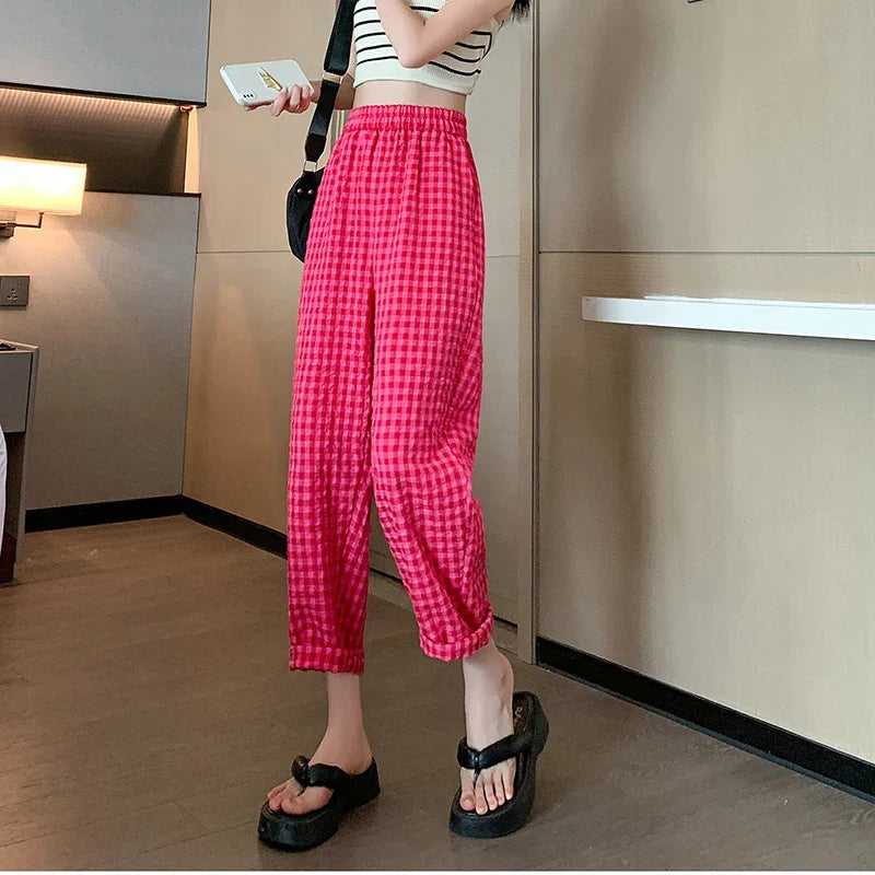 vmtvr Women Cotton Linen Plaid Pants Korean Casual Streetwear Ankle Length Pants Summer Fashion Female High Waist Y2K Trousers New