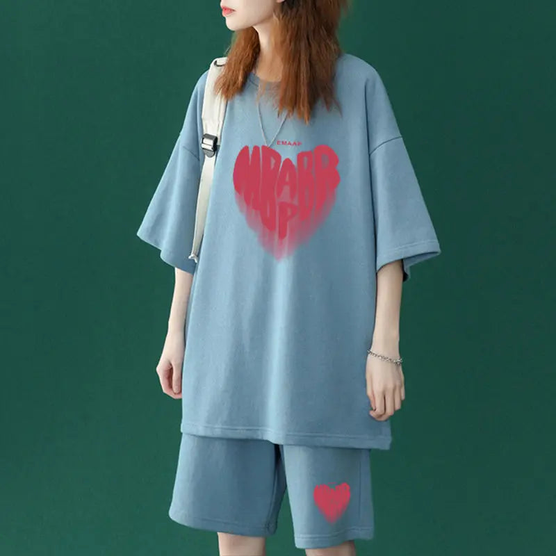 vmtvr Two Piece Women's Sports Short Sets Summer New Oversized Short Sleeve Tops Fashion Casual Harajuku Large Size Sweet Cute Suits