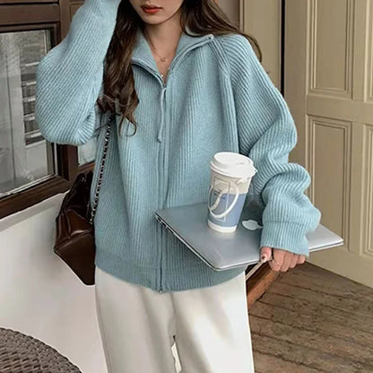 vmtvr Autumn Winter Double Zipper Sweater Women Korean Fashion Long Sleeve Knitted Cardigans Female Stand-up Collar Knitting Coat