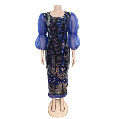 Women Party Long Dress See Through Sleeve Patchwork Sequined O Neck Evening Celebrate African Gowns Robes Birthday Wedding Guest