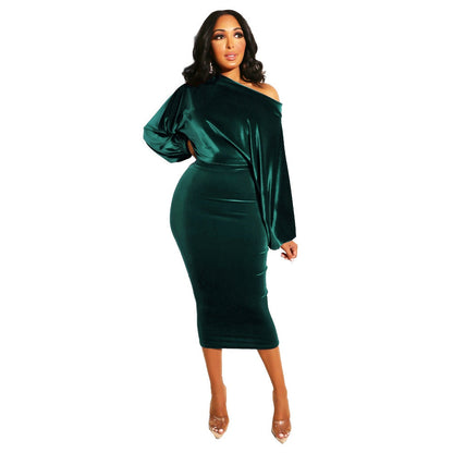 vmtvr - Autumn Elegant Velvet Evening Dress Women Sexy One Off Shoulder Long Sleeve Bodycon Party Midi Dress 2022 Winter Clothes