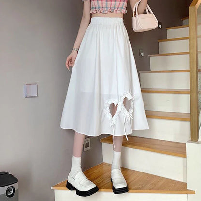 vmtvr Y2K Women Love Hollow Out Skirts Korean Streetwear Bow Black A Line Skirts Summer All Match Female High Waist Midi Skirts New