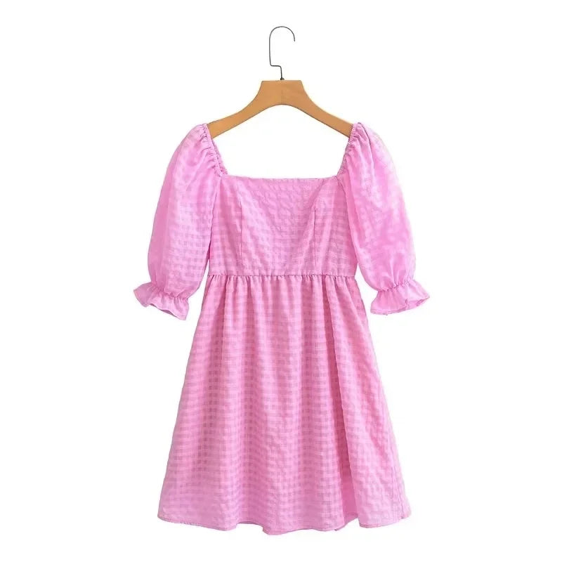 vmtvr   -  Gingham Print Square Collar Green Summer Short Dress A-line Cute Puff Sleeve Fashion Pink Back Smocked Mini Beach Dress